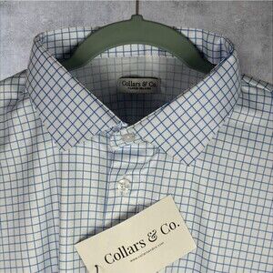 Collars & Co Polo Shirt Mens XL Relaxed Blue Check Grid Dress Collar Preppy FLAW
